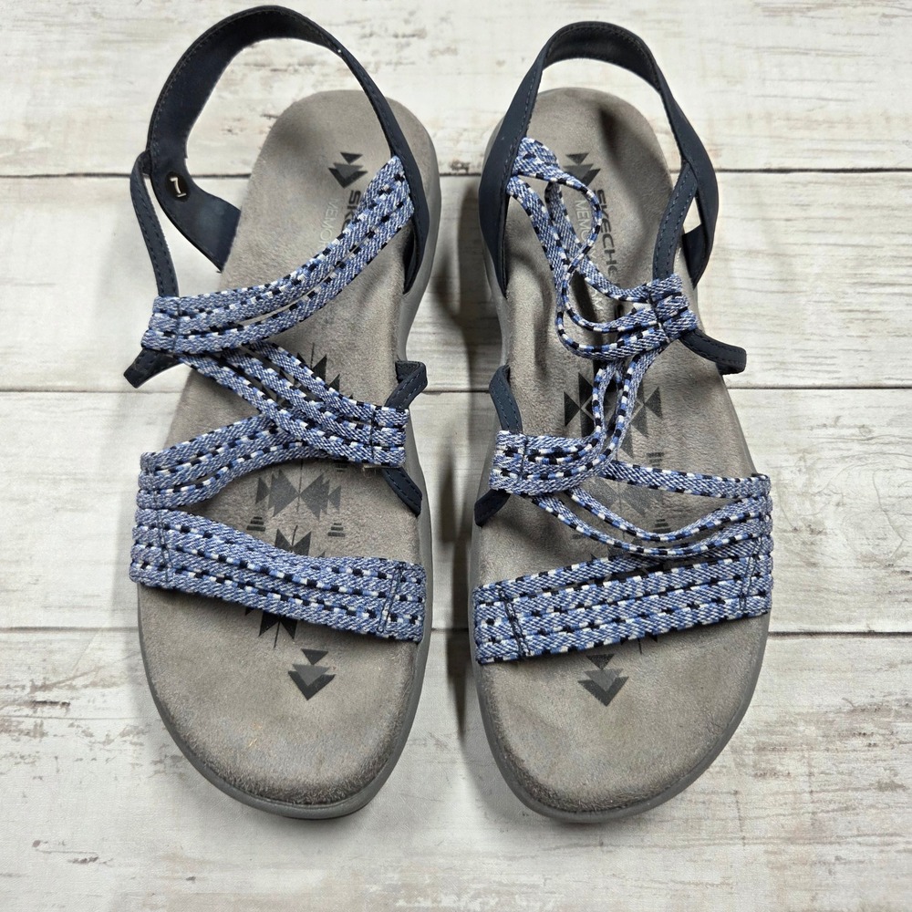 Skechers Reggae Slim Sandals Women 7 Blue Strappy Memory Foam Outdoor‎